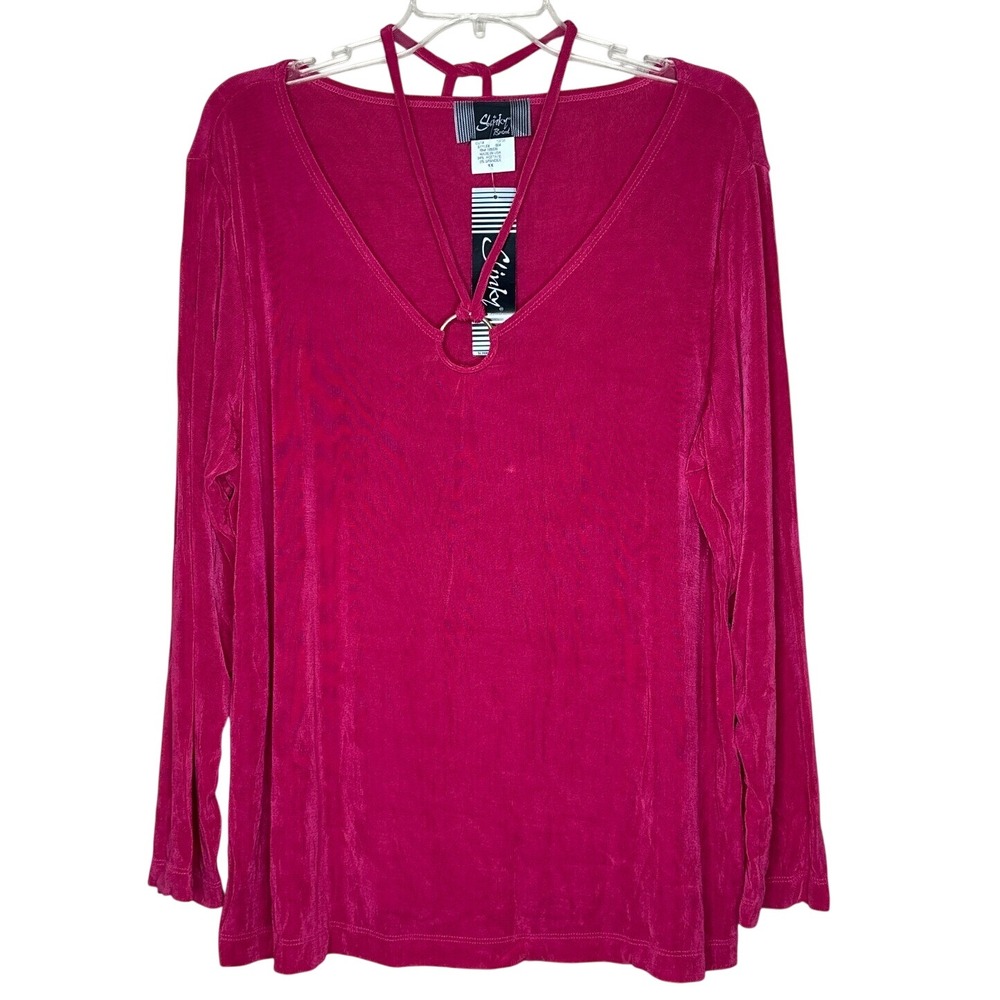 Slinky Brand Pink Ribbed Long Sleeve Ring V-Neck Tie Halter Top 1X NWT barbie